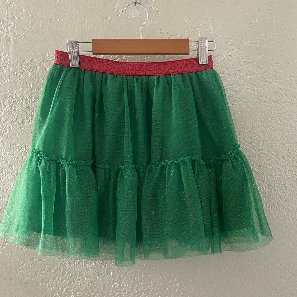 Holiday Time Kids Green Tulle Skirt with Red Shiny Waistband Size Medium (7-8)